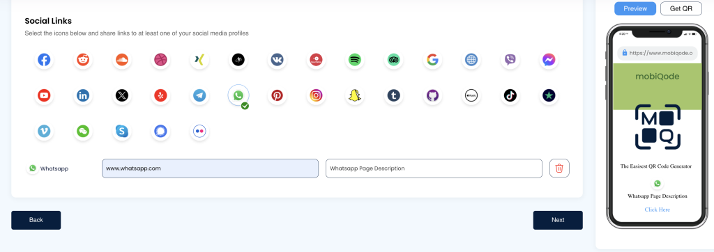mobiQode Social Media QR code generator - Whatsapp